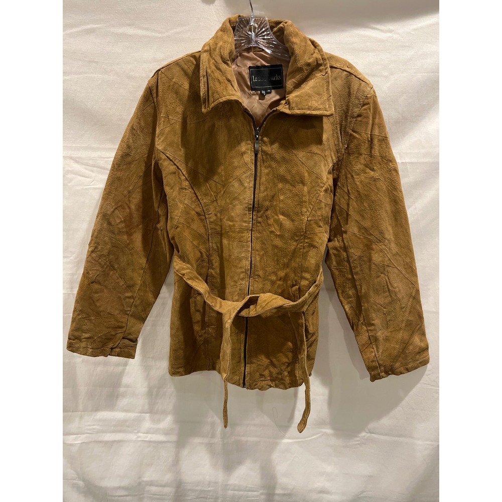 Leather Works Tan Suede Patchwork Belted Zip Front Jacket Womens Medium Vintage